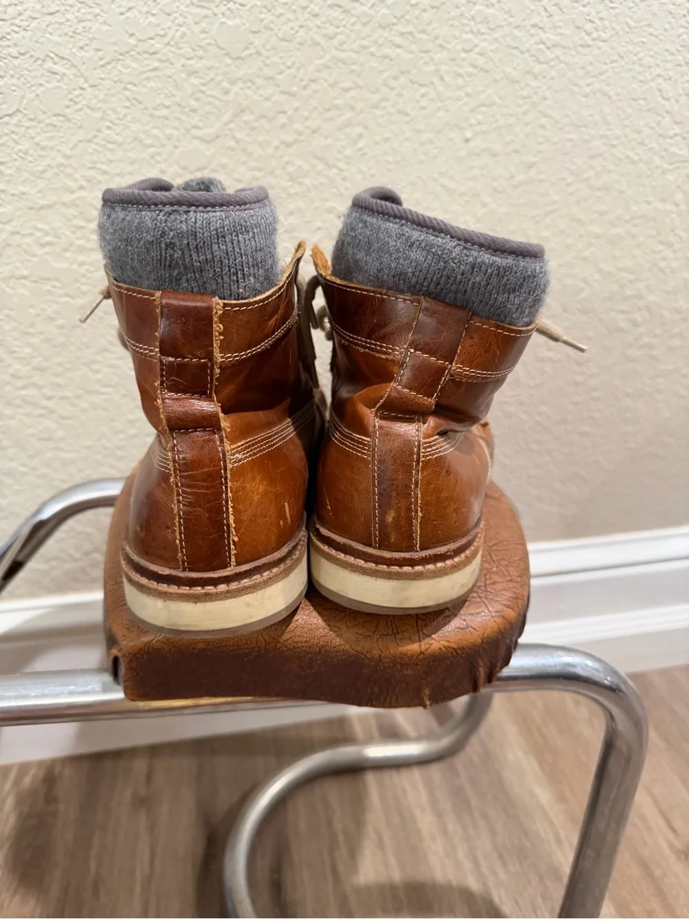 Aldo Tan Distressed Leather Chukka Boots with Gray Knit Collar